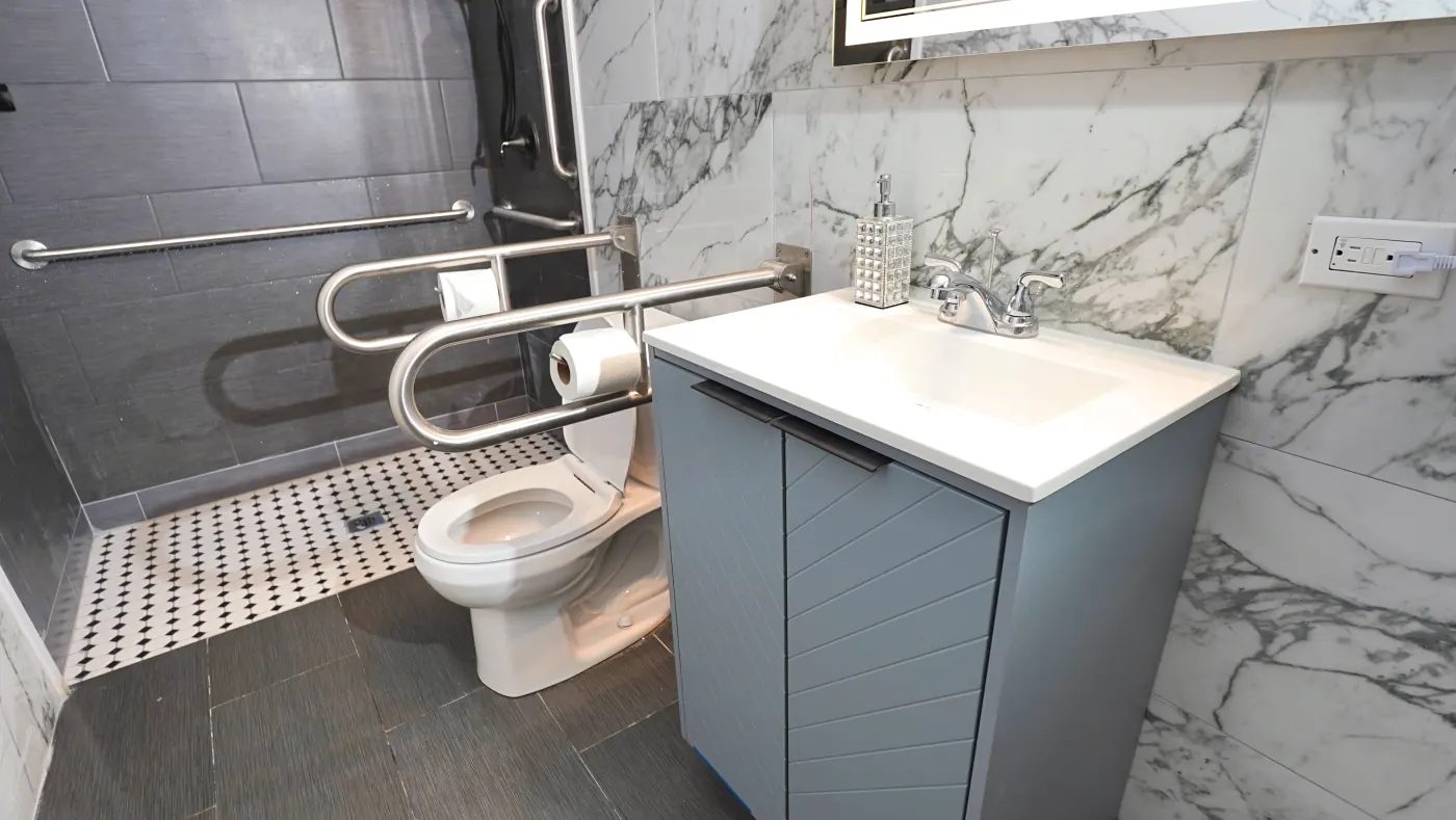 Accessible vanity with grab bars and walk-in shower