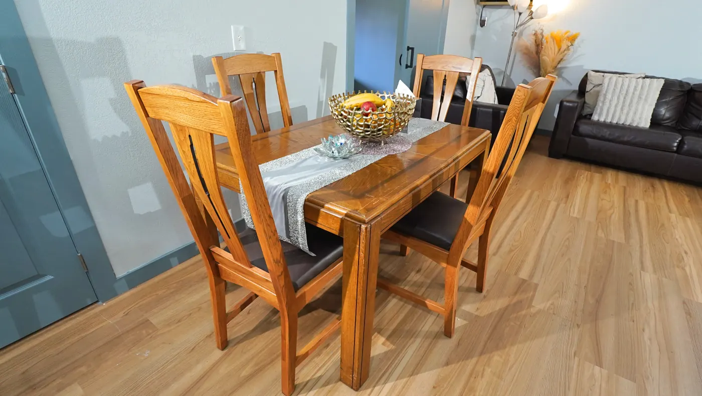 Oak dining table set for a shared meal